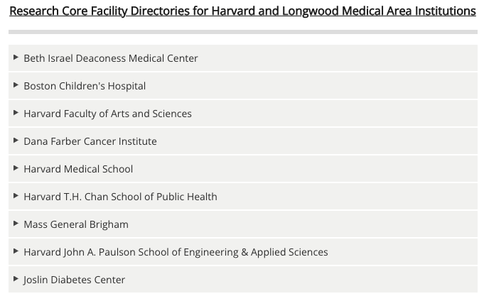 Screen shot of list of research cores on Longwood Research Core webpage
